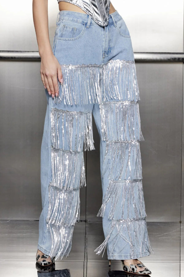 High-waisted Pocket Tassel Casual Straight Leg Jeans