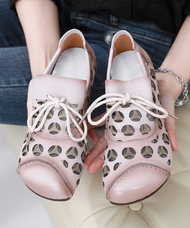 Brown Flat Shoes Cowhide Leather Hollow Out Lace Up Flat Shoes