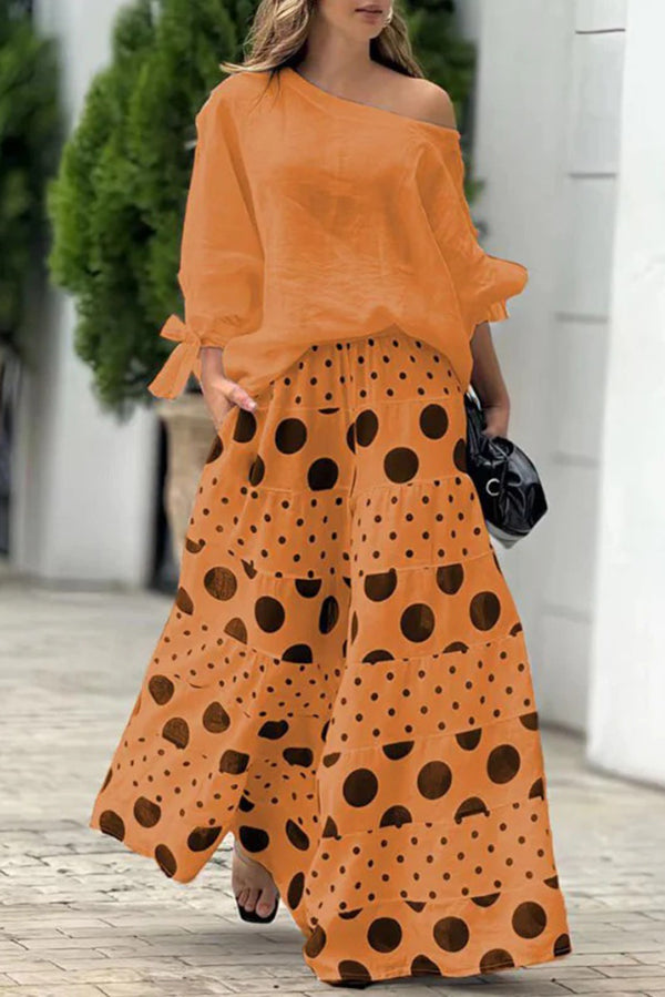 Tie-cuff Loose Top and Polka Dot Print Pocket Wide Leg Pants Set