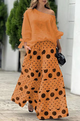 Tie-cuff Loose Top and Polka Dot Print Pocket Wide Leg Pants Set