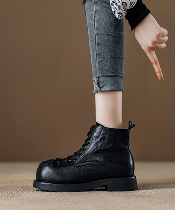 Coffee Platform Cowhide Leather Handmade Splicing Ankle Boots