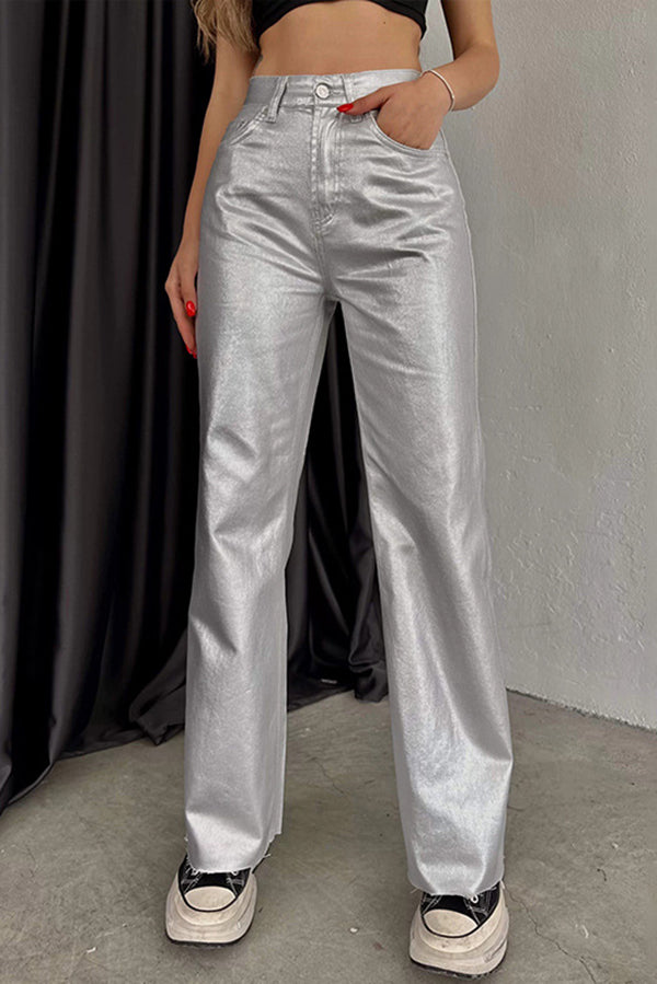 Metallic Fabric Pocket Casual Straight Wide-Leg Pants
