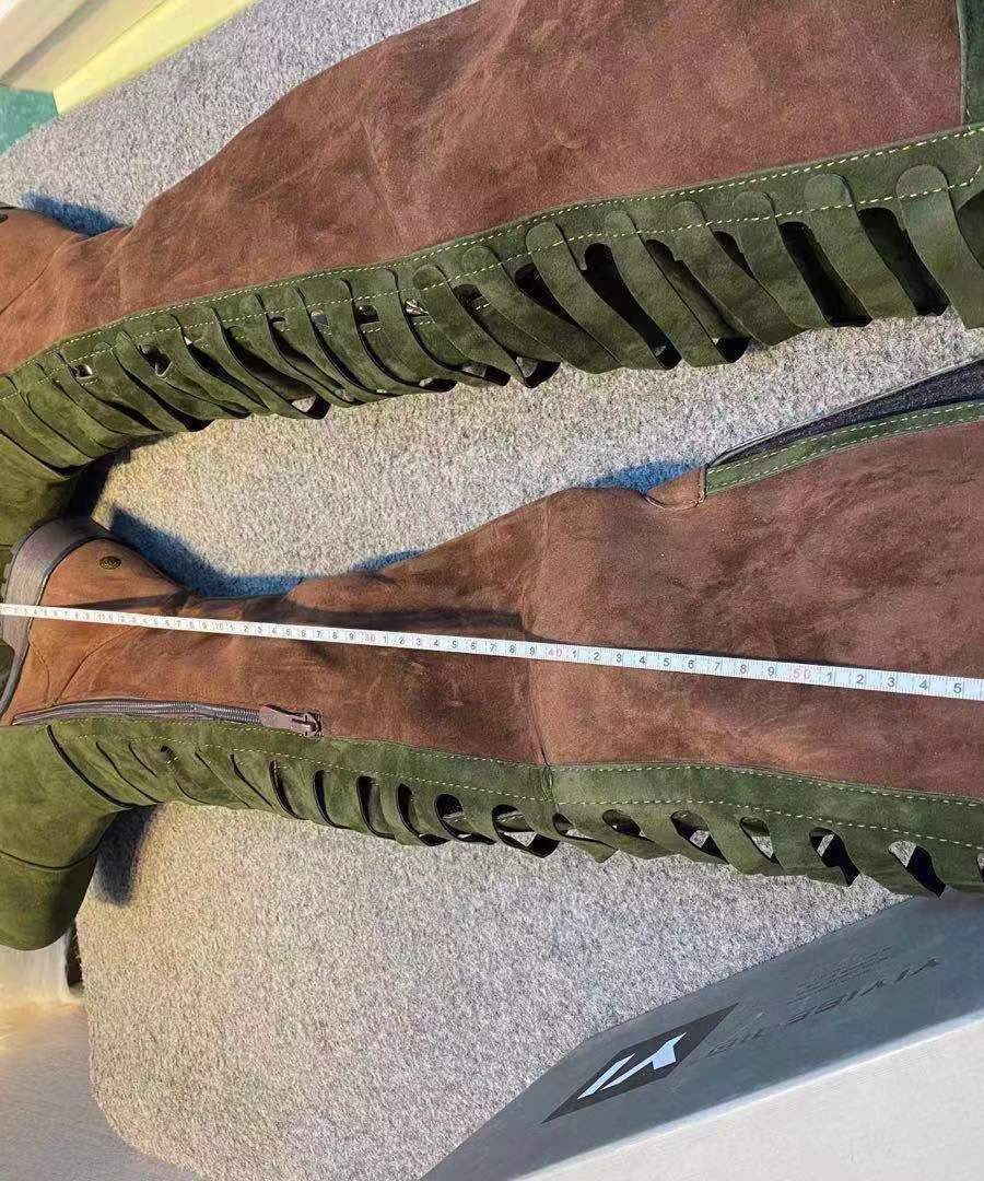 Splicing Zippered Chunky Knee Boots Green