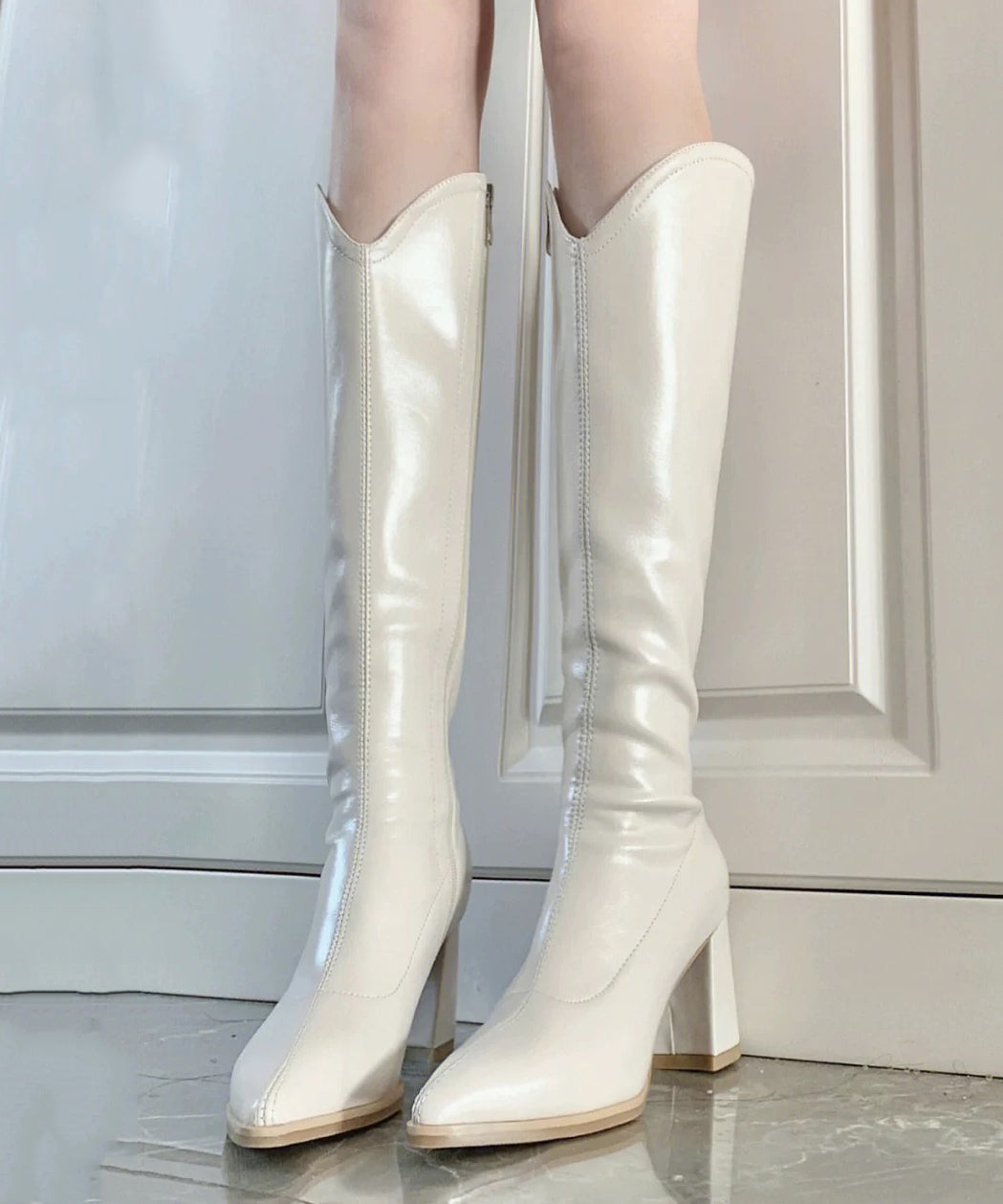 Beige Splicing Chunky Heel Boots Pointed Toe