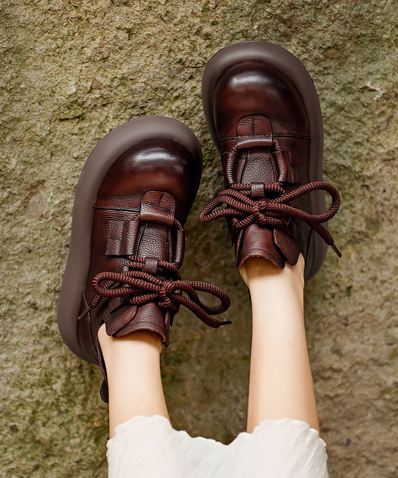 Coffee Platform Cowhide Leather Boho Splicing Boots Lace Up