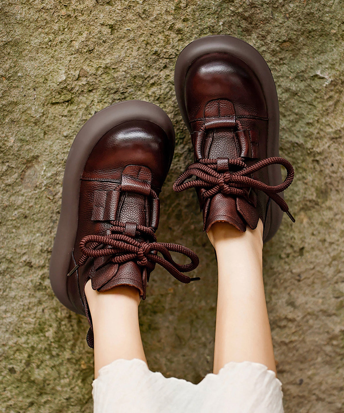 Coffee Platform Cowhide Leather Boho Splicing Boots Lace Up