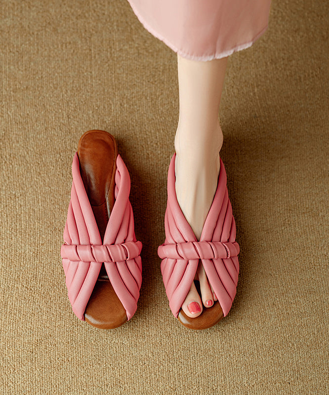 Pink Cowhide Leather Splicing Slide Sandals Peep Toe