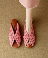 Pink Cowhide Leather Splicing Slide Sandals Peep Toe