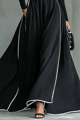 Color-blocked Trim High-neck Long-sleeved Casual Pockets Maxi Dress