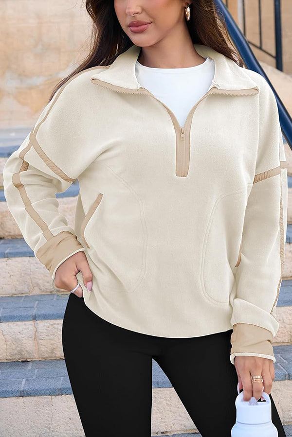 Color-blocked Trim Loose Casual Pocket Sweatshirt