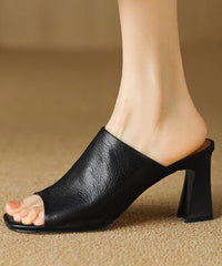 Black Chunky Heel Sheepskin New Style Slide Sandals Peep Toe