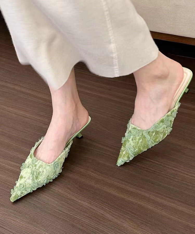 Floral Splicing Kitten Green Slide Sandals Pointed Toe