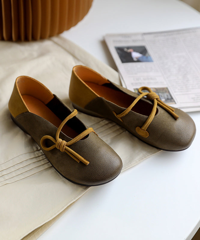 Green Cowhide Leather Flat Shoes For Unique Splicing Soft Flat Feet Shoes