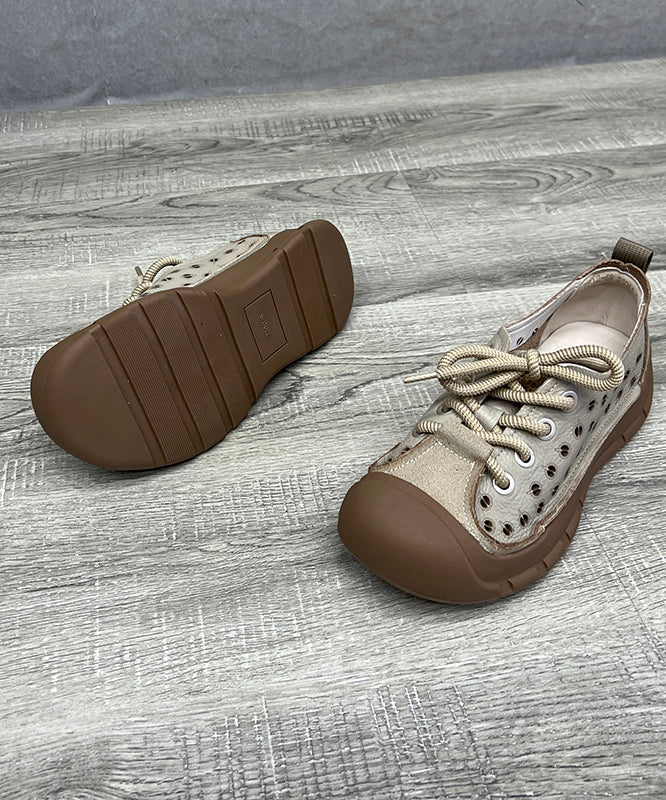 Beige Hollow Out Lace Up Splicing Platform Flat Feet Shoes
