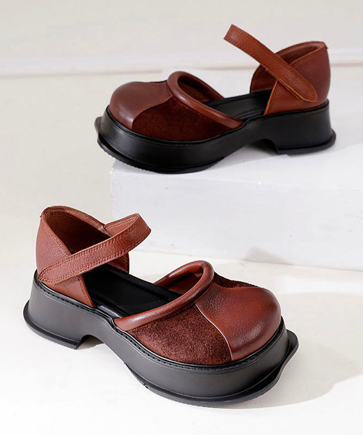 Vintage Cowhide Leather Splicing Platform Buckle Strap Loafer Shoes