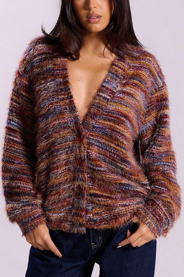 Mixed Color Loose V-neck Casual Knit Cardigan