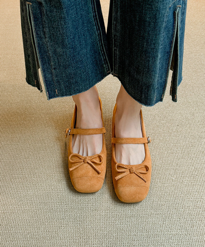 Red Buckle Strap Bow Splicing Chunky Shoes Suede