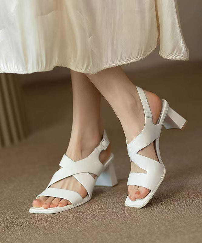 Hollow Out Splicing Chunky Heel Sandals White Faux Leather