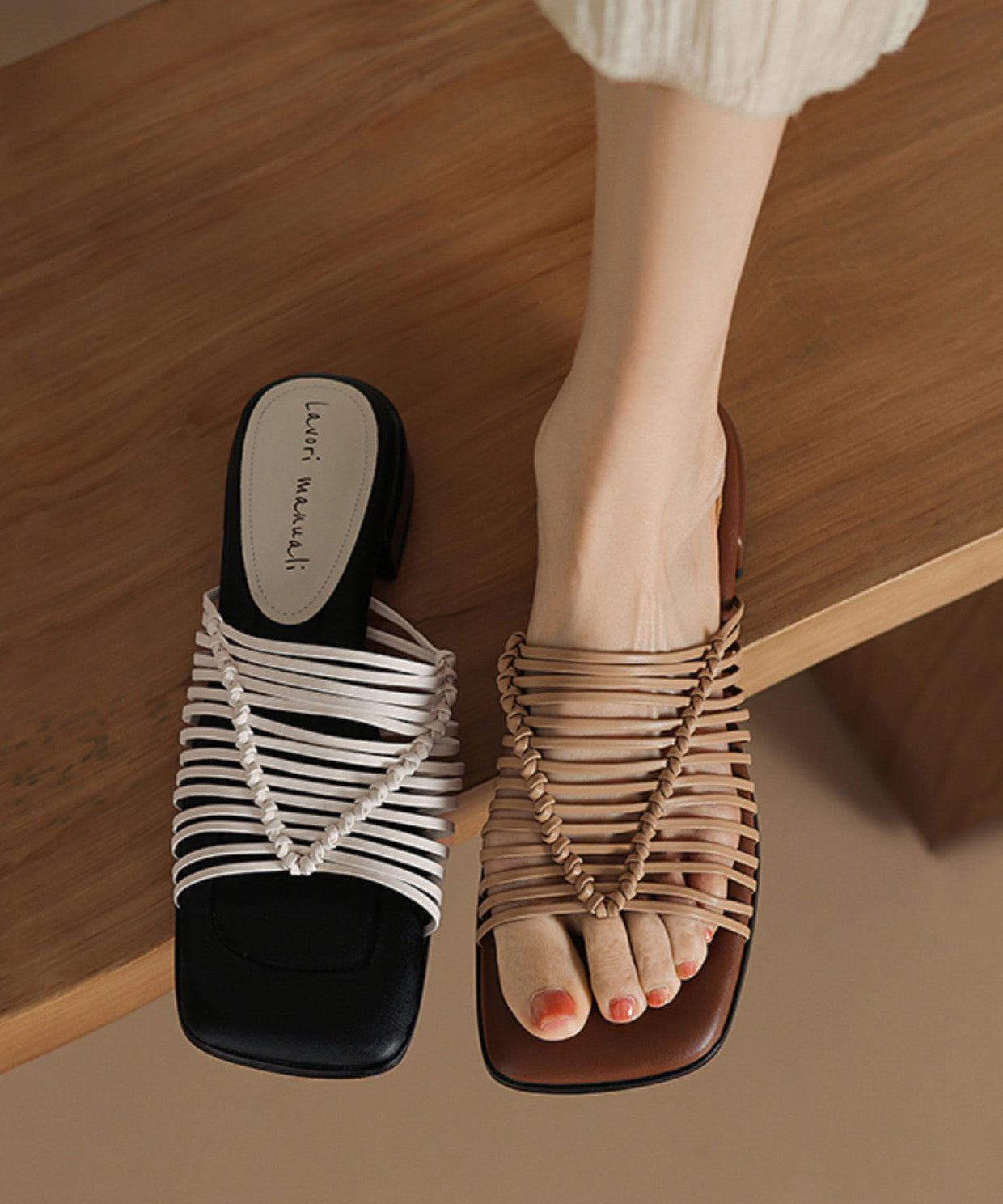 French Apricot Splicing Faux Leather Slide Sandals Peep Toe