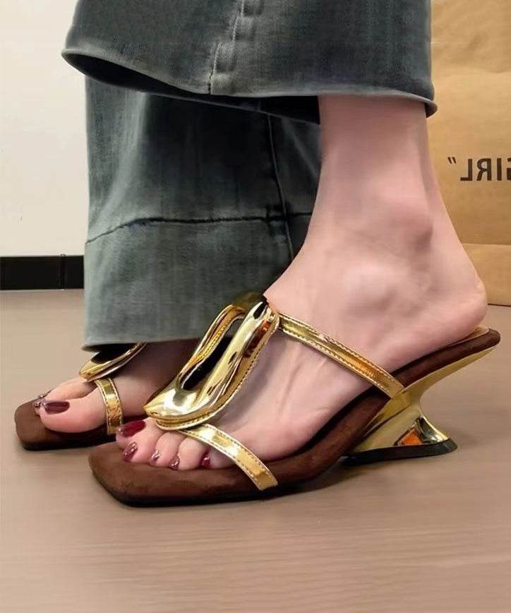 French Style Gold Wedge Heel Slide Sandals