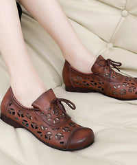 Brown Flat Shoes Cowhide Leather Hollow Out Lace Up Flat Shoes