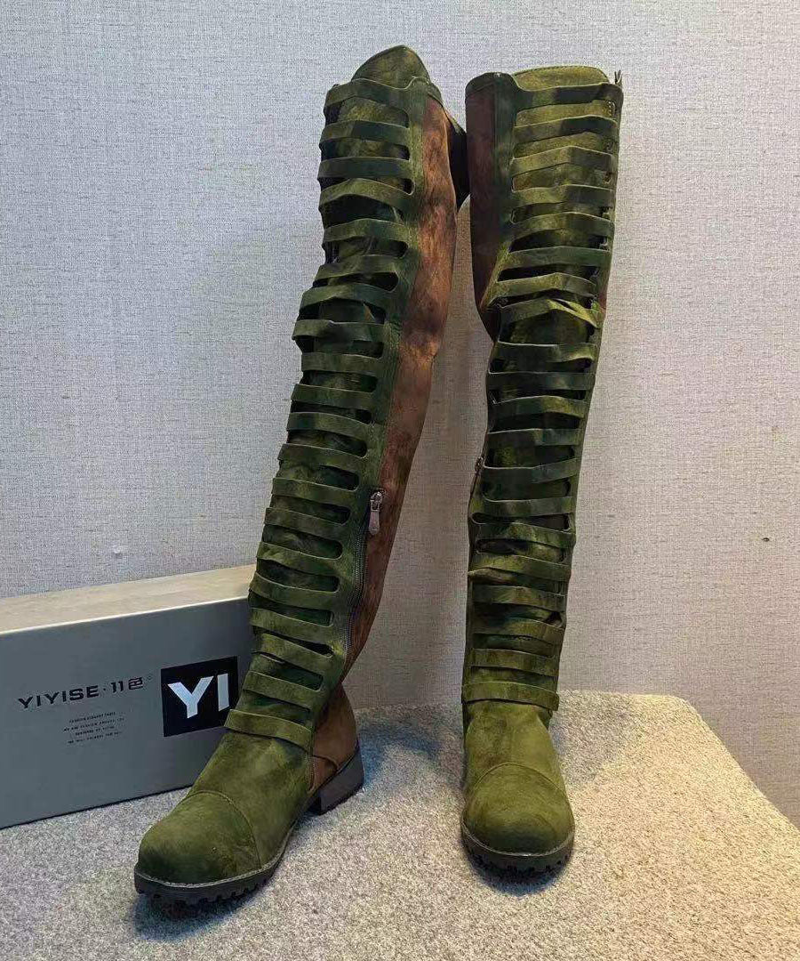 Splicing Zippered Chunky Knee Boots Green
