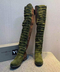 Splicing Zippered Chunky Knee Boots Green