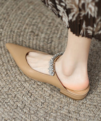 Beige Flat Sandals Faux Leather Pointed Toe Splicing Zircon