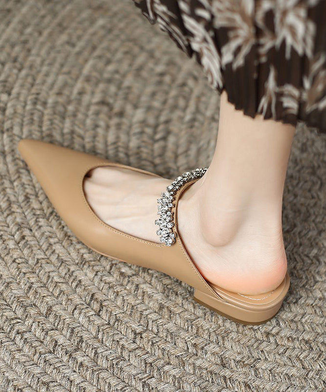 Beige Flat Sandals Faux Leather Pointed Toe Splicing Zircon