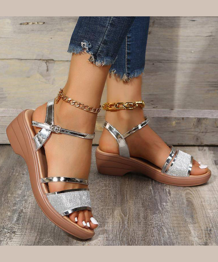 Silver Wedge Heels Sandals Peep Toe Buckle Strap Summer
