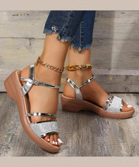 Silver Wedge Heels Sandals Peep Toe Buckle Strap Summer