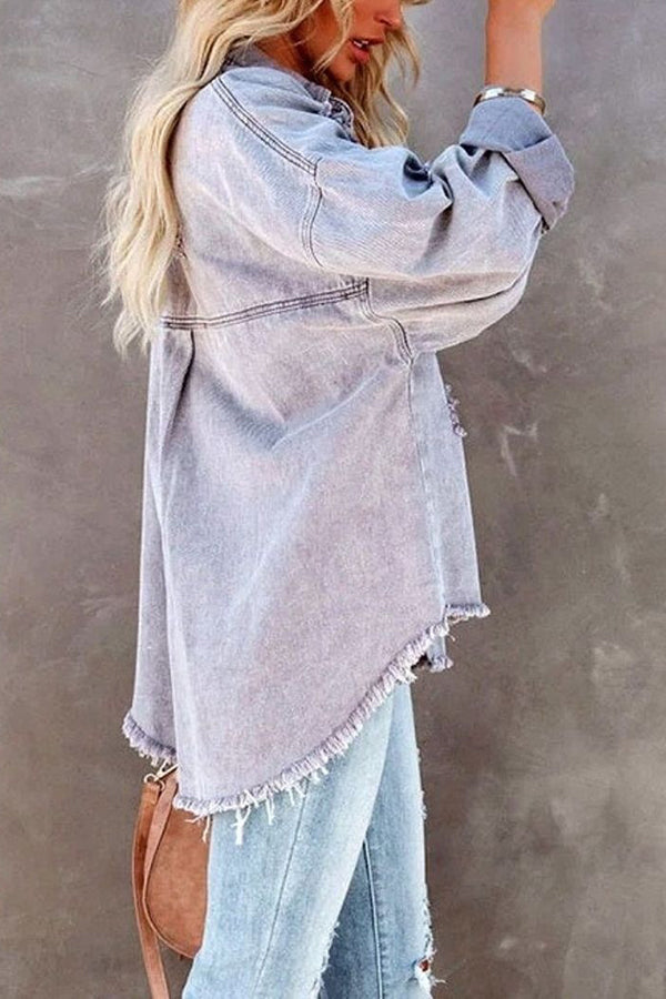 Lapel Long Sleeve Ripped Denim Jacket