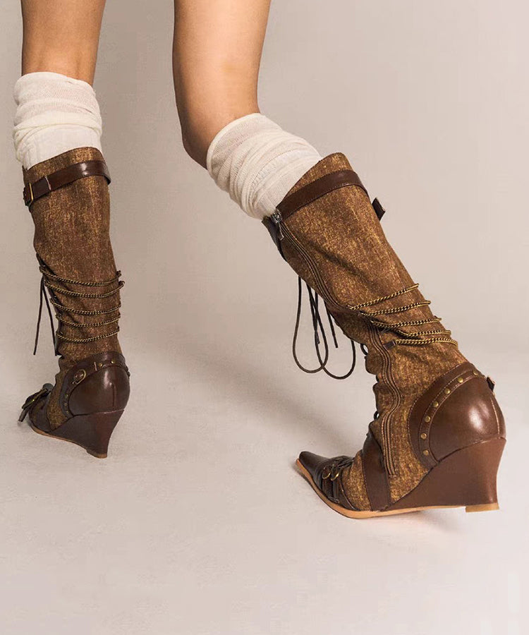 Boho Denim Splicing Lace Up Wedge Boots Brown Cowhide Leather