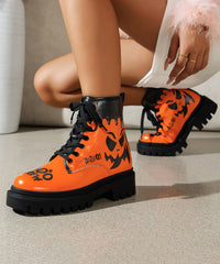 Stylish Orange Print Lace Up Splicing Faux Leather Chunky Boots