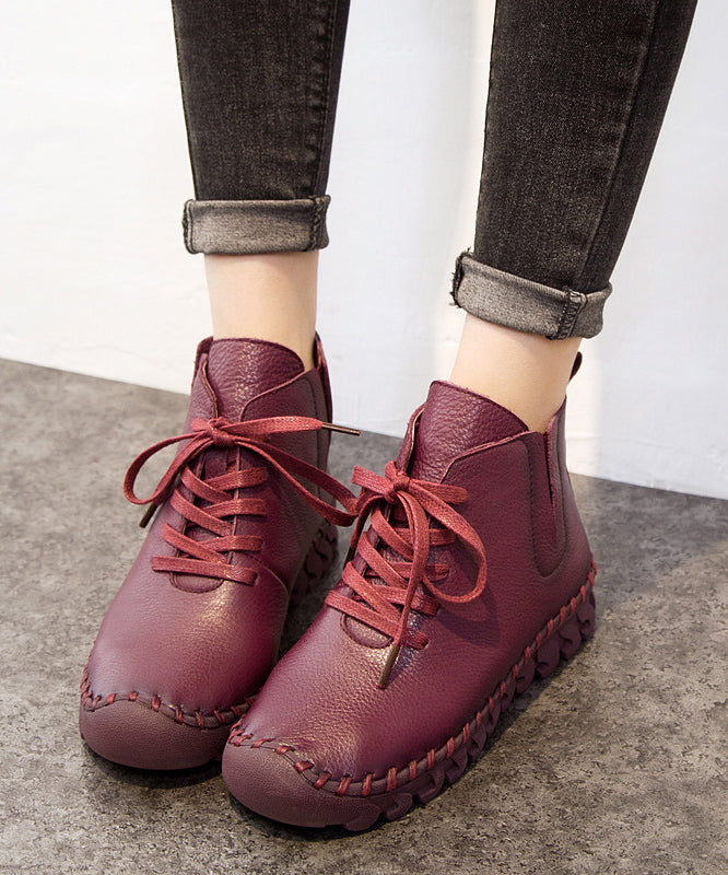 Black Genuine Leather Boots Warm Fleece Lace Up Boots