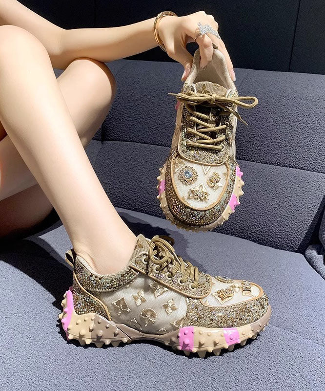 Pink Mesh Breathable Zircon Lace Up Sports Shoes