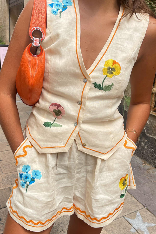 Flower Printed Linen Blend Button Vest and Elastic Waist Pocketed Shorts Set