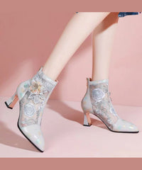 Embroidered Mesh Patchwork Chunky Heel Boots