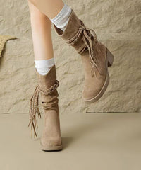 Brown Chunky Suede Women Tassel Splicing Cowboy Boots