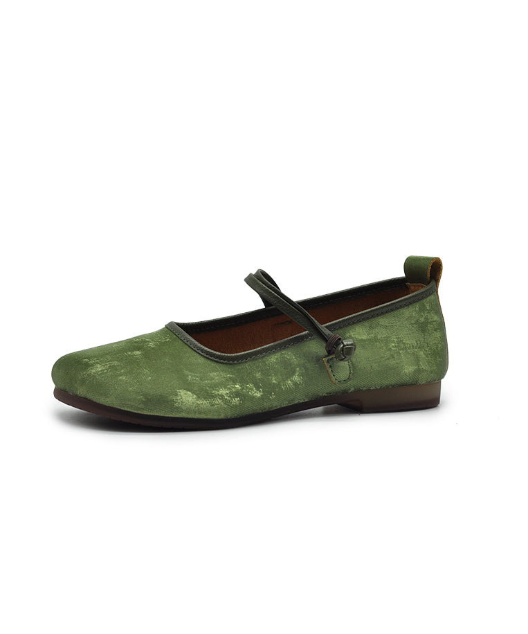 Retro Green Buckle Strap Splicing Soft Flat Shoes