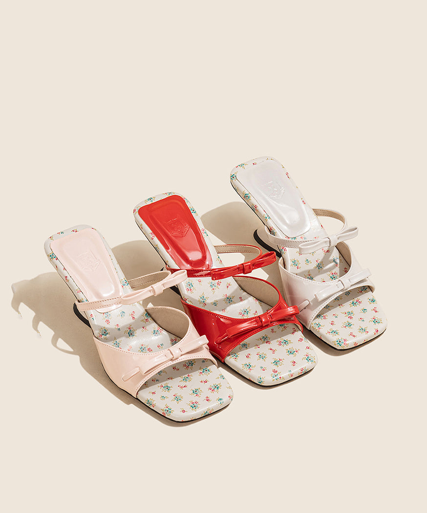 Bow Splicing Wedge Pink Faux Leather Slide Sandals Peep Toe