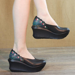 Wedge Peacock Tail Print Sewing Casual Shoes