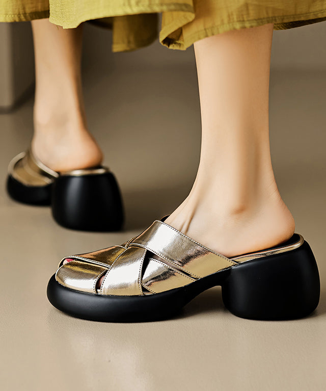 French Splicing Platform White Cowhide Leather Slide Sandals