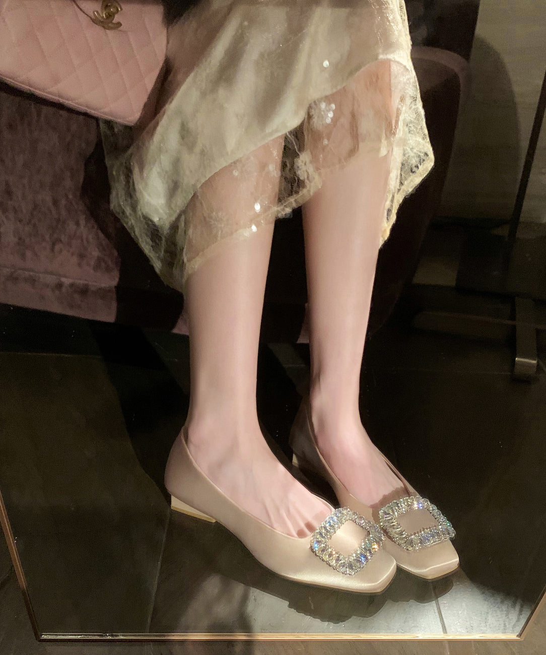 Zircon Sequined Flats Silver Cowhide Leather