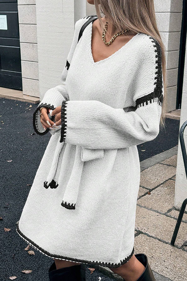 Loose-fitting Long-sleeved Tie-waist Knit Mini Dress