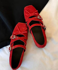 Red Bow Cross Strap Splicing Boutique Suede Wedge Shoes