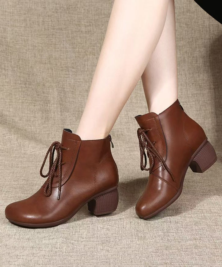 Black Chunky Cowhide Leather Comfy Splicing Boots Lace Up