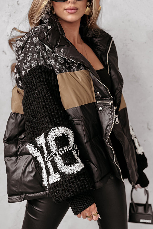 Denim Knit Long-sleeved Patchwork Hooded Pocket Thickened Jacket