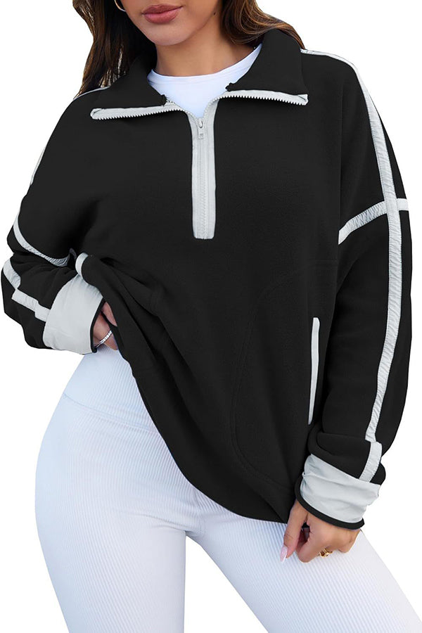 Color-blocked Trim Loose Casual Pocket Sweatshirt