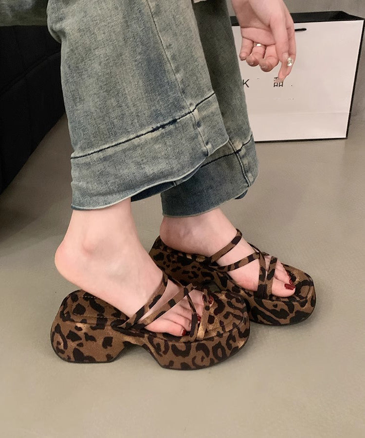Leopard Platform Slide Sandals Peep Toe